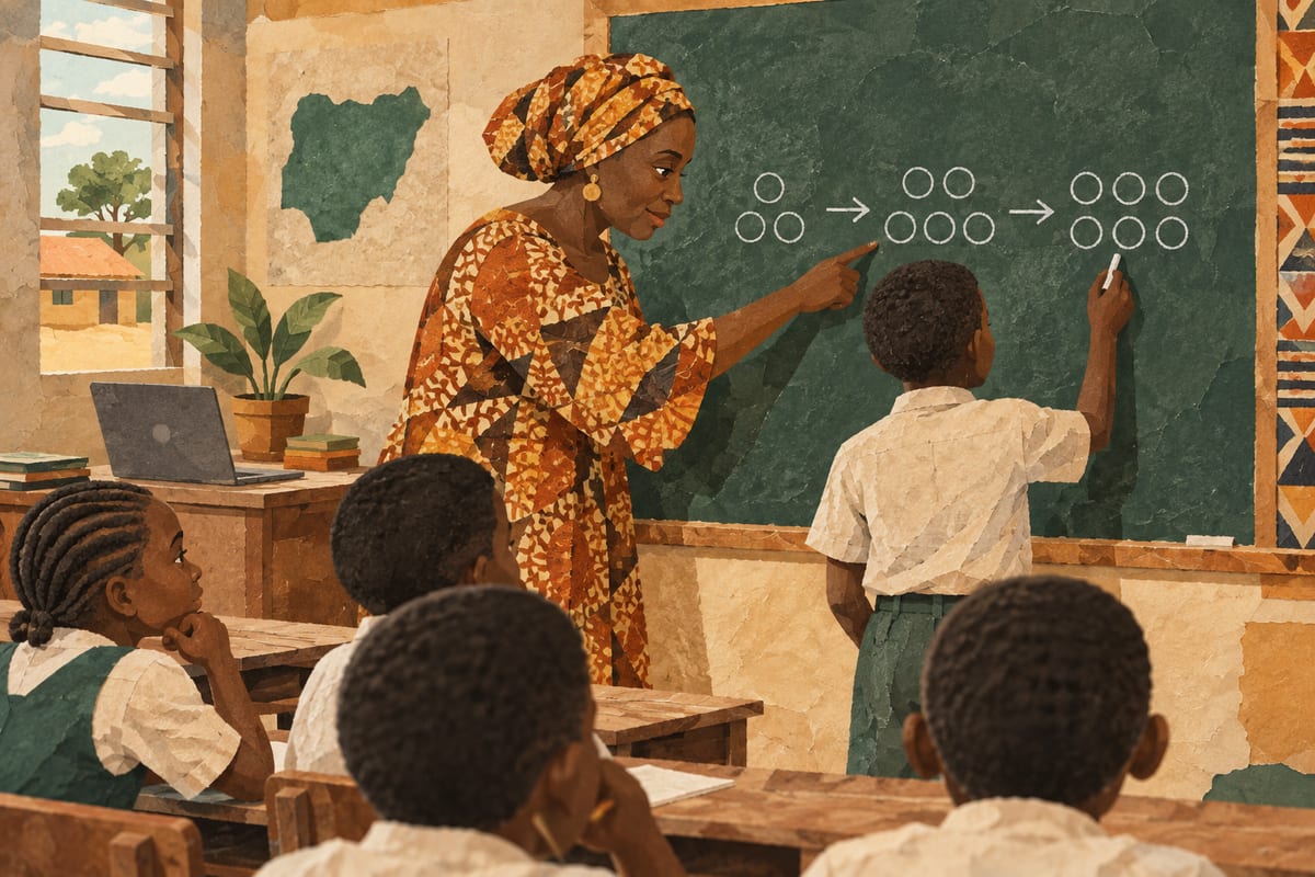 A teacher helping a pupil work through a problem at the classroom board.