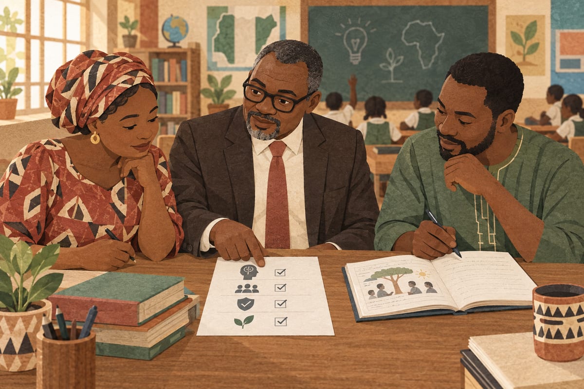 A principal and teachers reviewing a lesson plan together at a school desk.