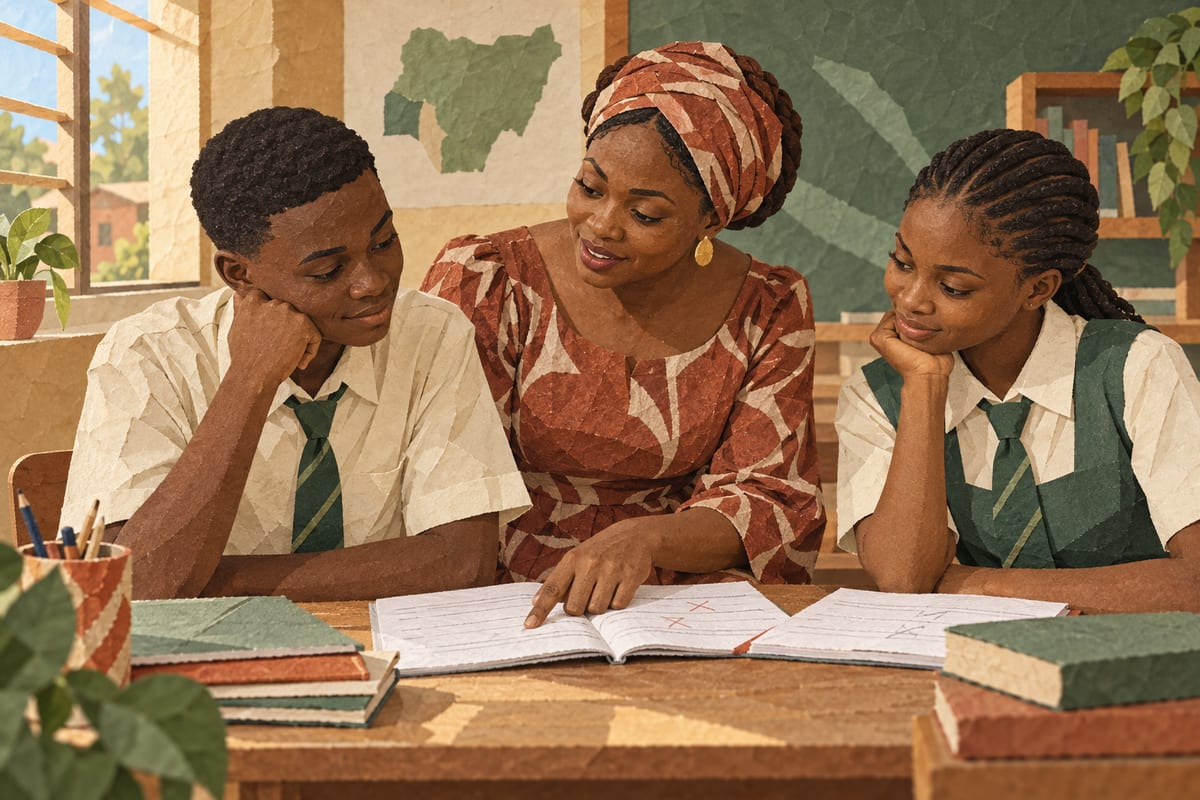 A teacher reviewing marked exercise books with two students.