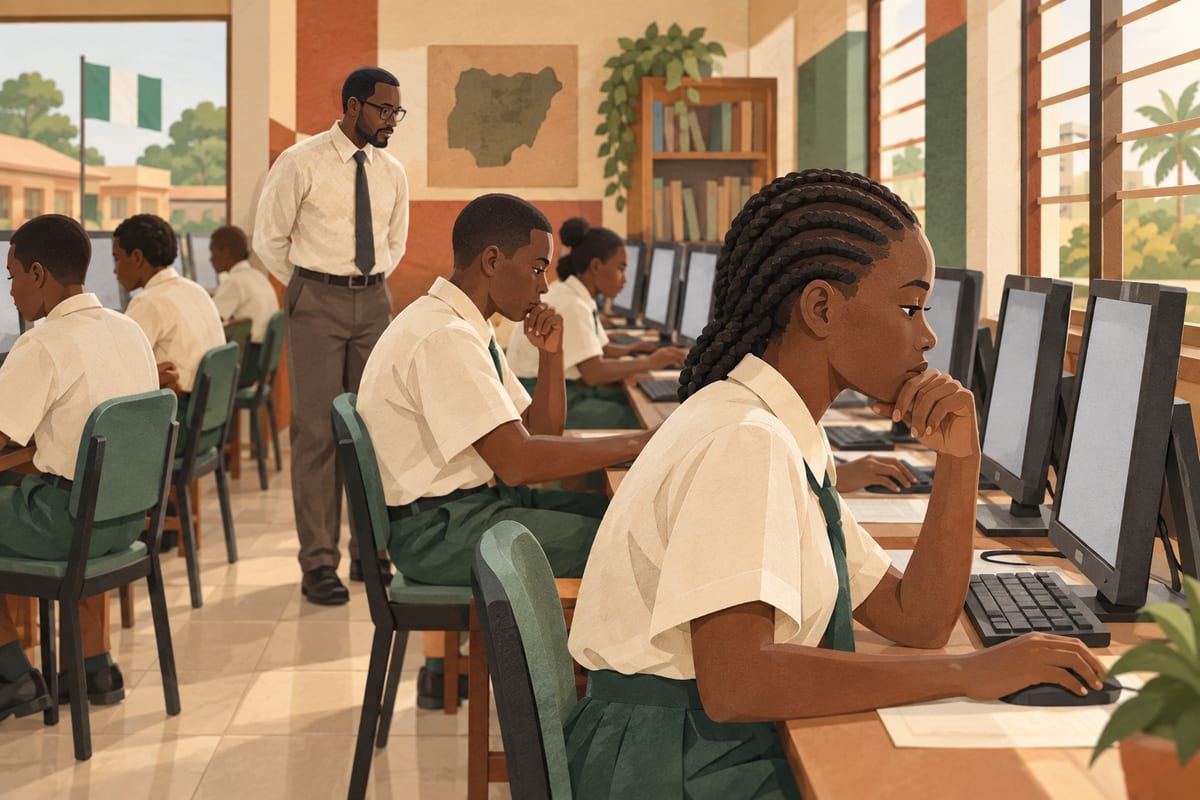 Students working at desktop computers in a supervised Nigerian school lab.