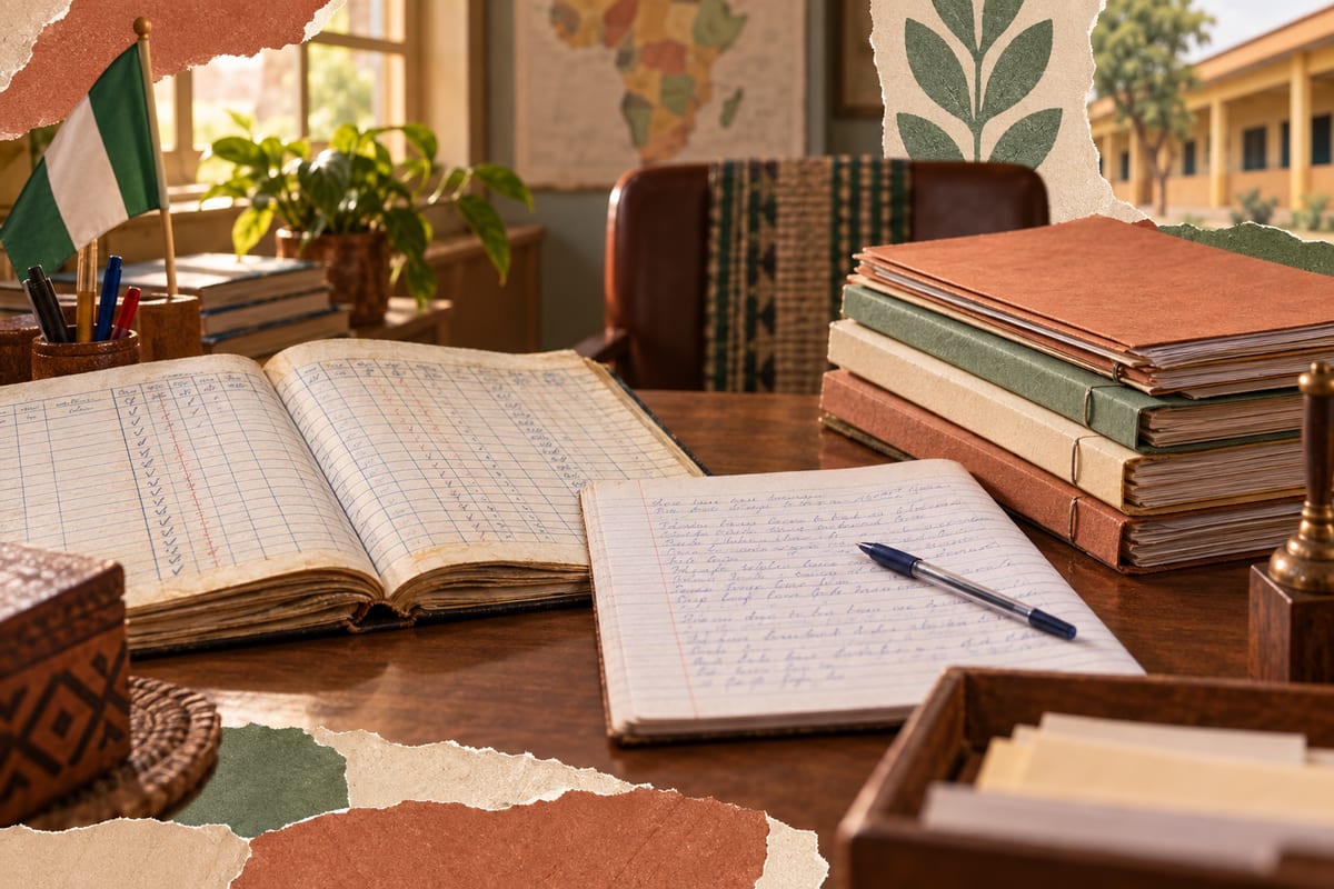 Well-used school registers, lesson notebooks and report folders arranged on a desk.