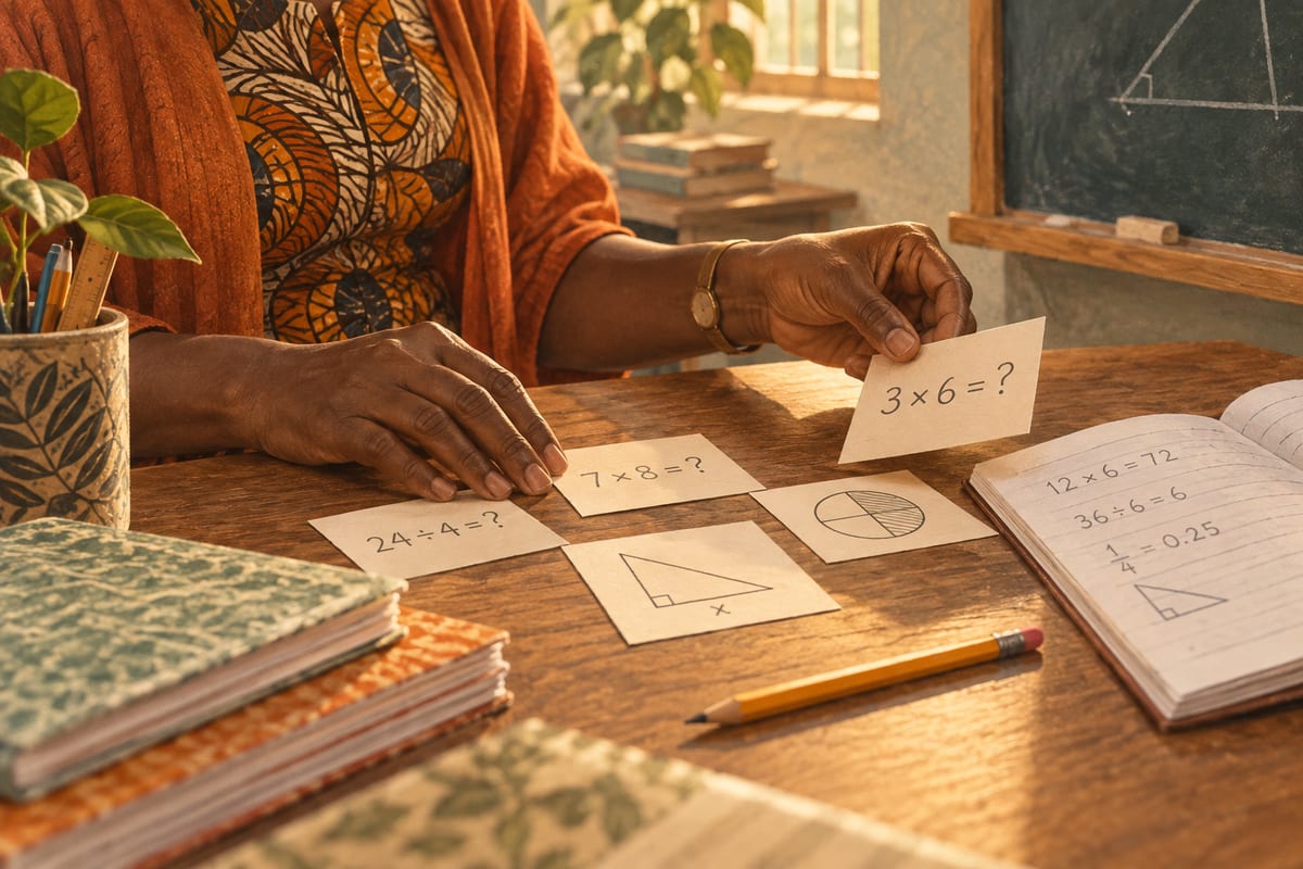 A teacher selecting examples beside an open notebook and class materials.