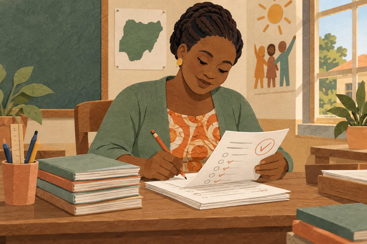 A teacher reviewing class test exercise books at a desk.