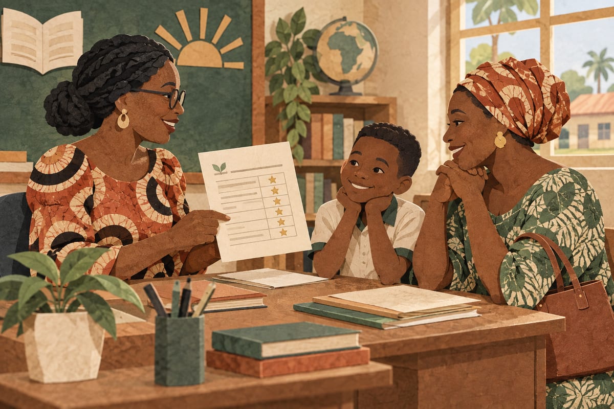 A teacher discussing a pupil’s report with a parent at school.