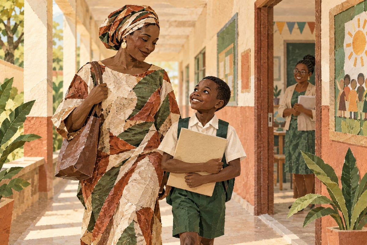 A parent and pupil leaving school together after receiving an end-of-term report.