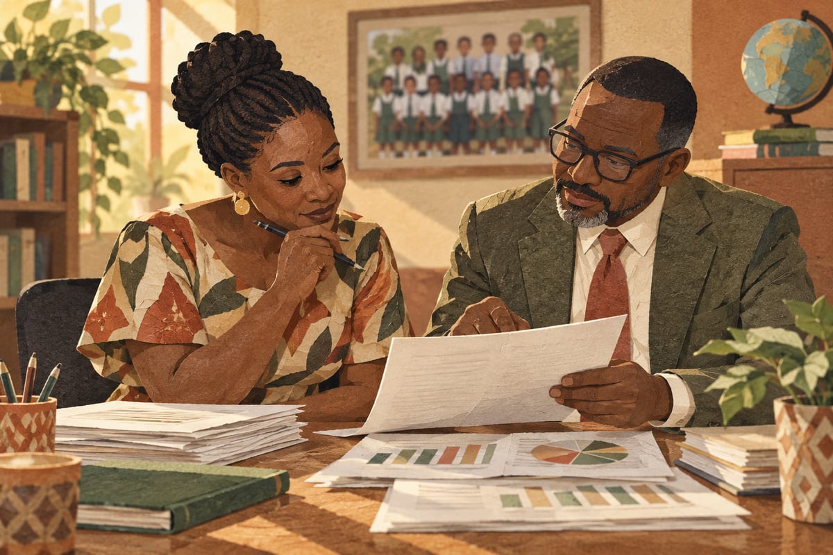 A teacher and school leader looking over class results together.