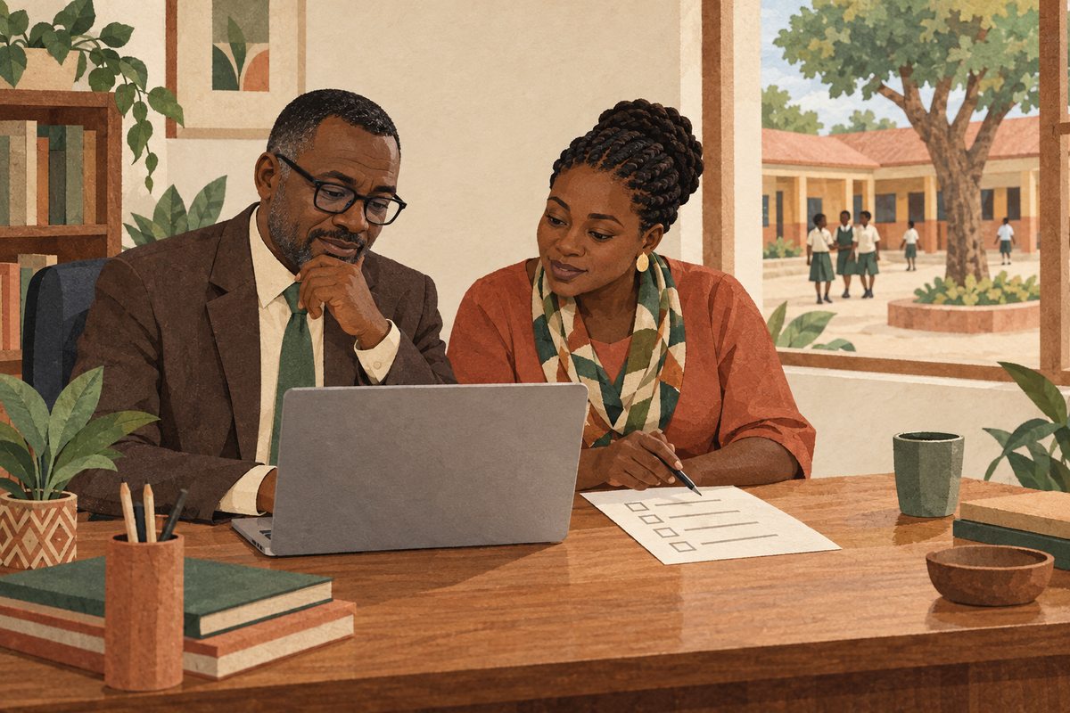 Illustration of a school principal and teacher discussing software with a laptop and checklist.