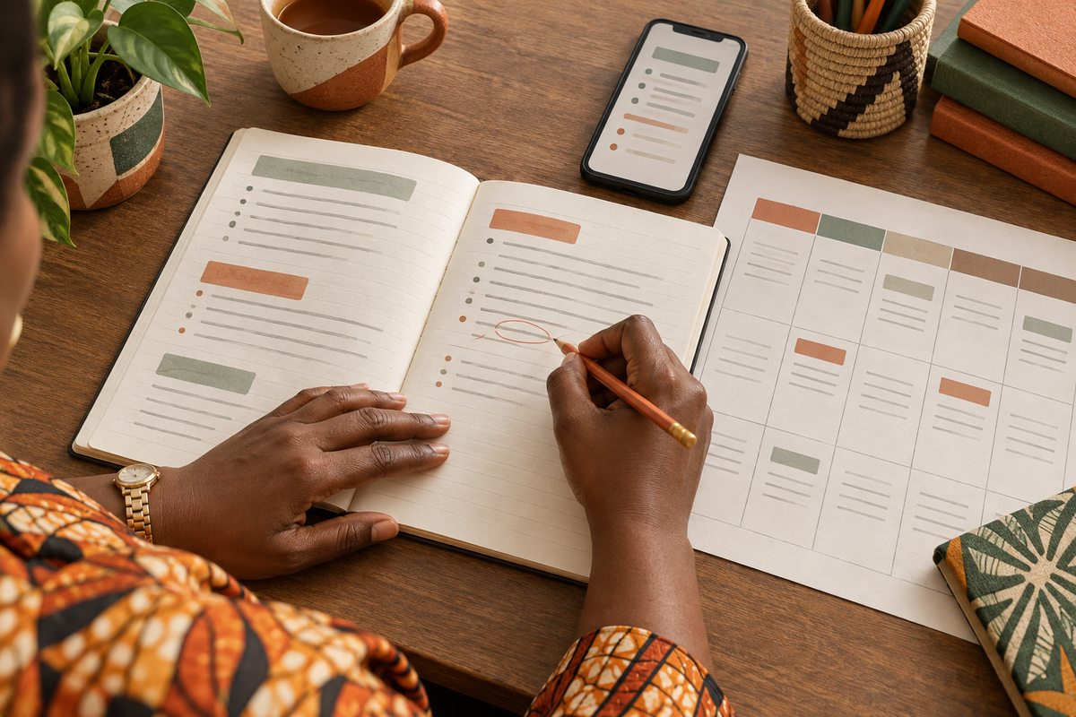 Illustration of a teacher reviewing a lesson notebook alongside a weekly plan and phone.