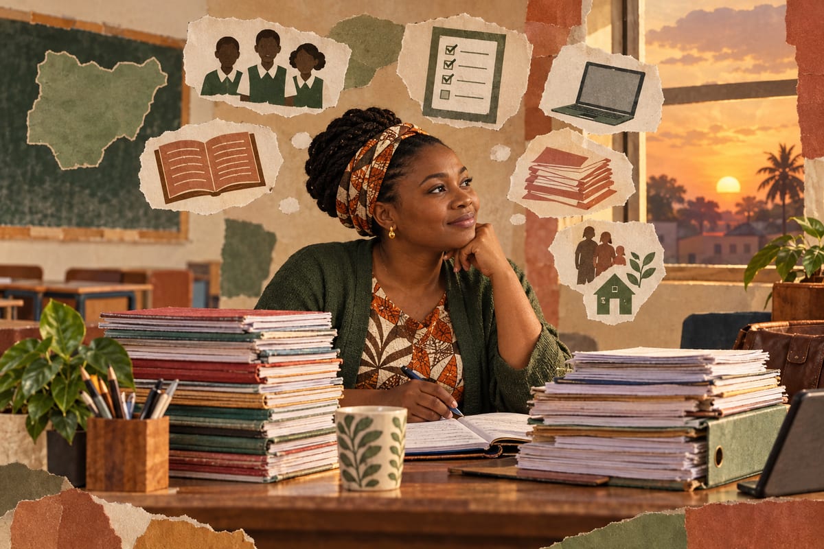 A teacher sitting with lesson notebooks, class records and exercise books after school.
