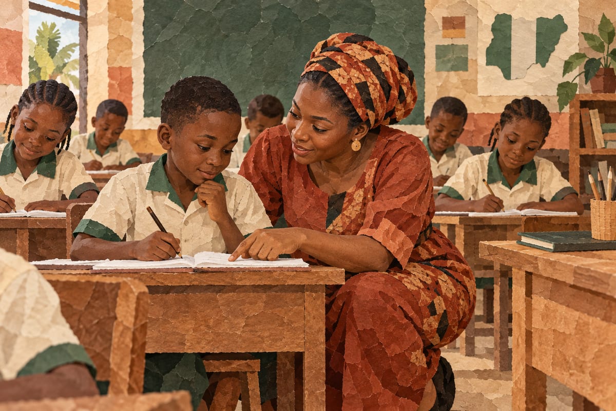 A Nigerian teacher explaining a problem to a pupil during class.