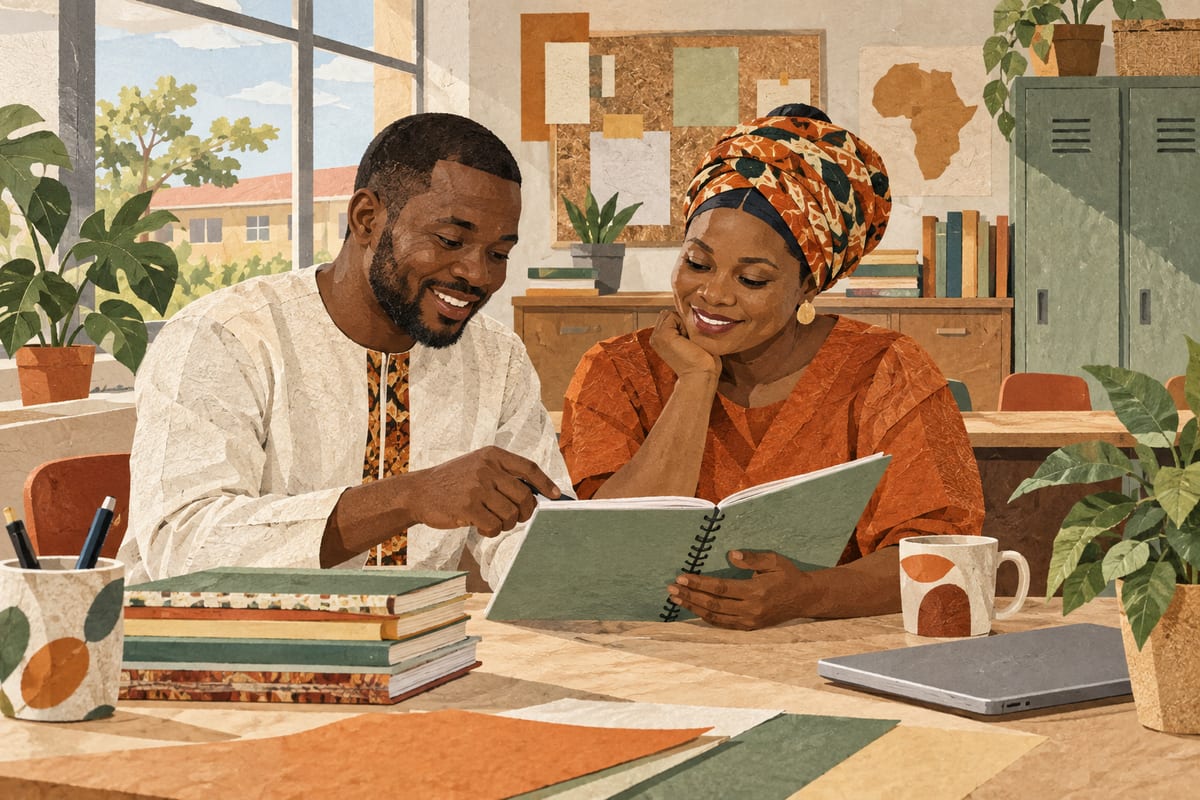 Two teachers reviewing a lesson notebook together in a staff room.