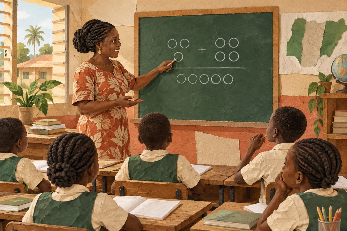 A Nigerian teacher helping pupils work through an example in class.